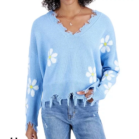 just polly Sweaters - Just Polly NWOT Blue Daisy Print Destructed Oversized Sweater